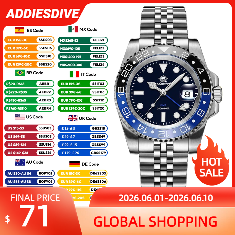 Ceramic Link Bracelet - ADDIESDIVE AD2050 Luxury GMT Watch Stainless